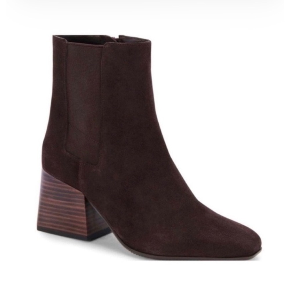 Blondo Selena Waterproof Suede Ankle Boots Brown Square Toe Block Heel 9.5M